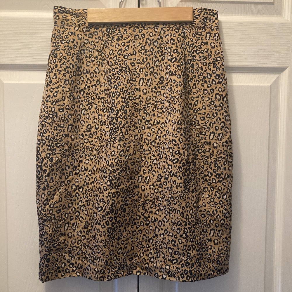 Vtg Robbie Bee 100% Silk Leopard Print Pencil Skirt Size 10 Brown Stretch Back